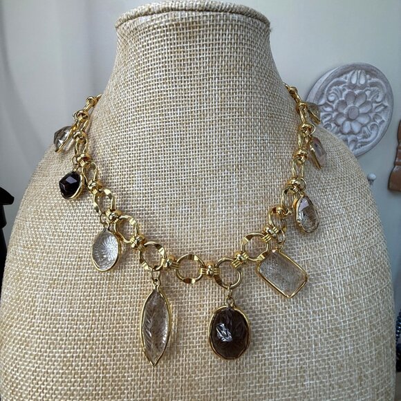 Gold Tone Chain Necklace W/ Faceted Stone Charms & Hook Closure - Picture 1 of 14